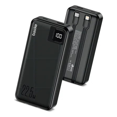 Power Bank Basike 20000mAh Preto, Carga Rápida 22.5W para iPhone e Samsung, Com Cabos Embutidos e Display