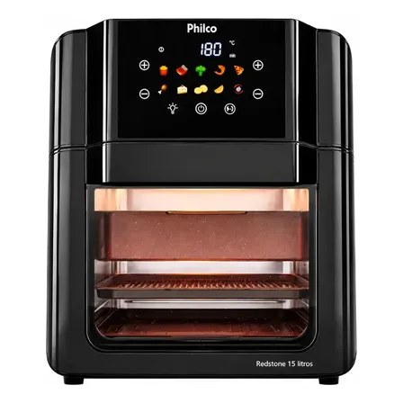 Philco PAF15C Fritadeira Air Fryer Oven 15 Litros Revestimento Redstone Porta Removível Luz Interna 10 Funções Preta