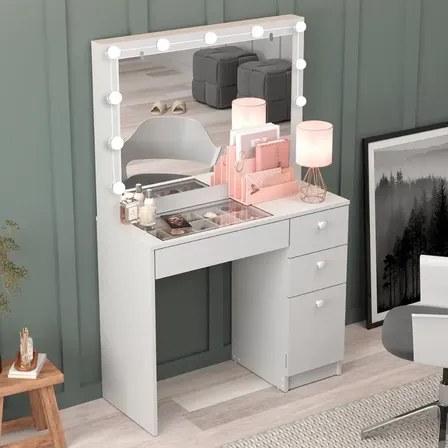 Penteadeira Ditália C/ Tampo De Vidro + Kit Luz Pe-120 Cozy Branco