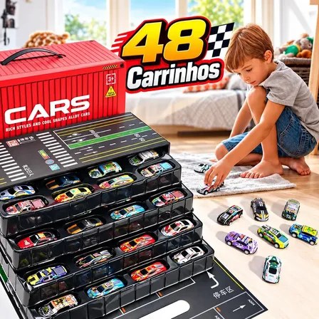 Kit 48 Super Carrinhos Infantil Com Garagem, Container de Carrinhos Tabuleiro De Estacionamento E Embalagem Em Formato de Container
