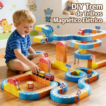 Pista Trem Magnético Elétrico Infantil Blocos Track Kit80 Azul-claro