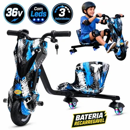 Moto elétrica infantil 36v Faz Drift Triciclo Elétrico com 3 velocidades Leds Música Assento Ajustável