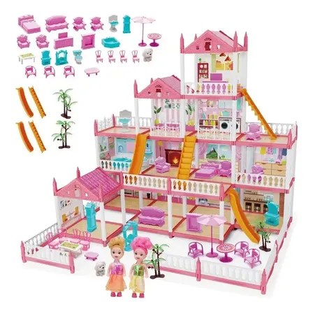 Casa De Boneca Grande Com Escorregador Móveis E Bonecas Inclusas Montável Em Diferentes Formas Mansão Dos Sonhos Menina Completa