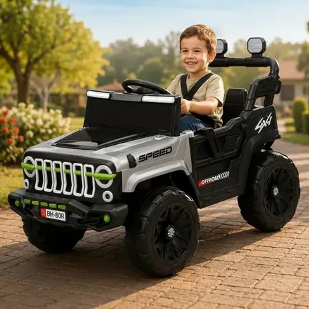 Jipe Infantil Eletrico 12v Controle Remoto Luz Led Cinto Cinza