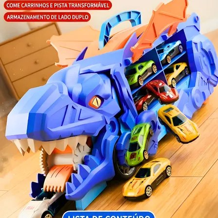Caminhão Dinossauro Pista Com Carrinhos Maleta Transporte Azul
