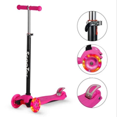 Patinete Infantil Rosa 4 Rodas Luz LED Reforçado Altura Ajustável 70kg Desmontável Menina