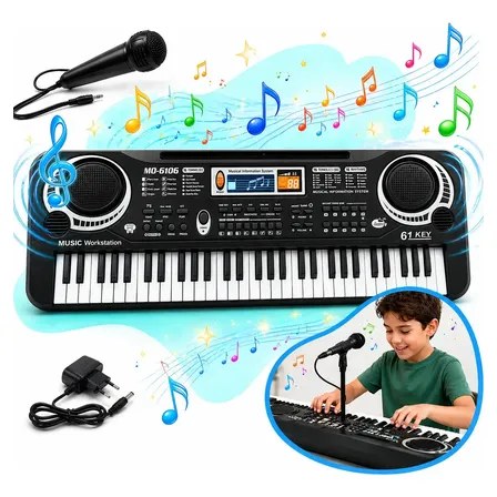 Teclado Musical Infantil 61 Teclas com Microfone Piano Infantil Eletrônico com Display LCD Gravador 16 Timbres 10 Ritmos e 6 Músicas Demo para Iniciantes Kizumba