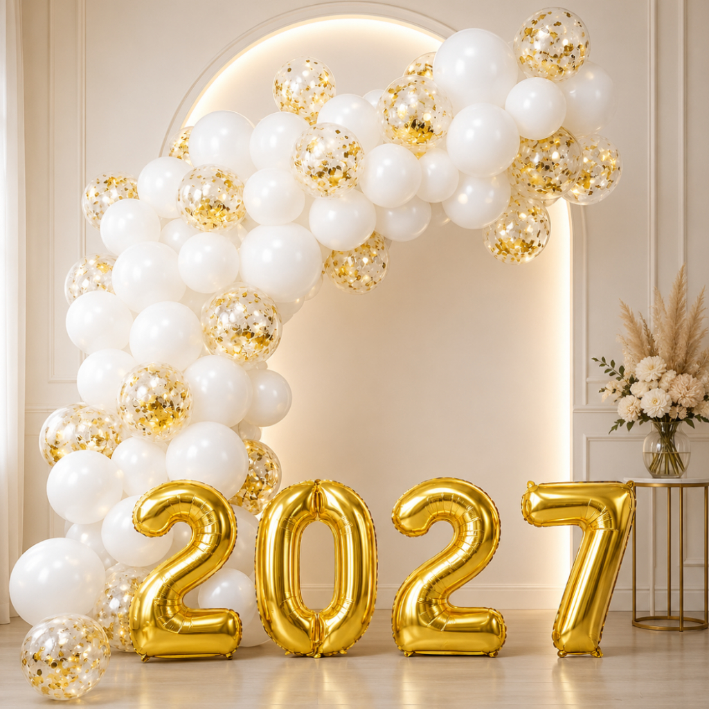 Kit Balão Bexiga Ano Novo 2027 + Numero Metalizado + Branco + Cristal Decoração